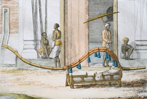 T&39;chanpal, palanquim reclinável com portador curvo e tasselado, de &39;As maneiras, costumes e vestidos dos hindus&39;, 1799 (gravura colorida)